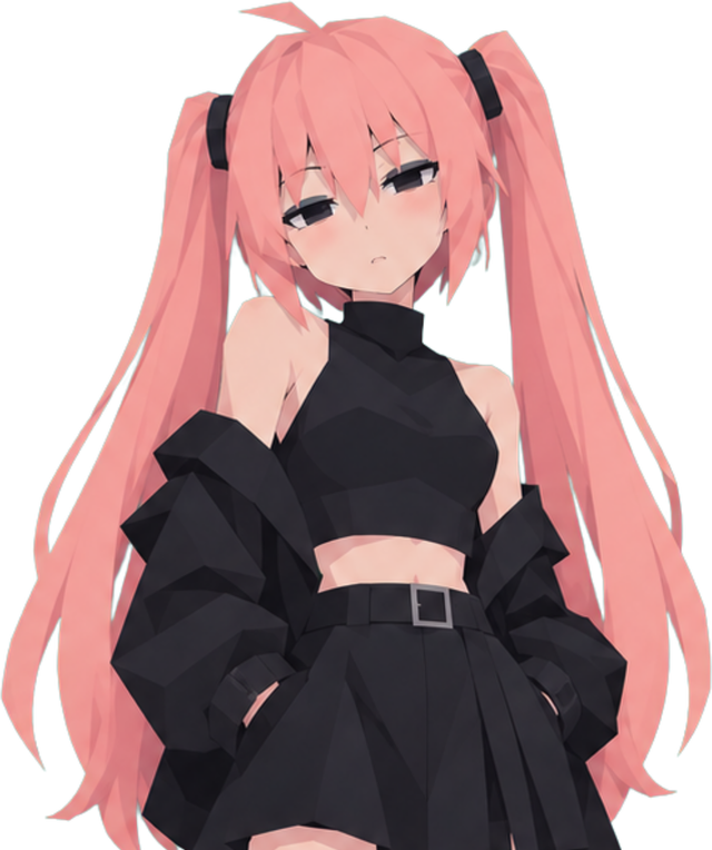 Maia, a pink-haired character in a black cropped top and oversized jacket, head tilted, looking down at the viewer